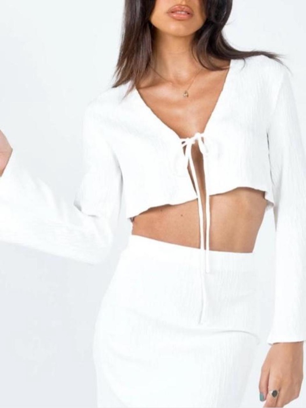 Princess Polly Bell Sleeve White Crinkle Tie-Front Cropped Top Shrug Coquette 4